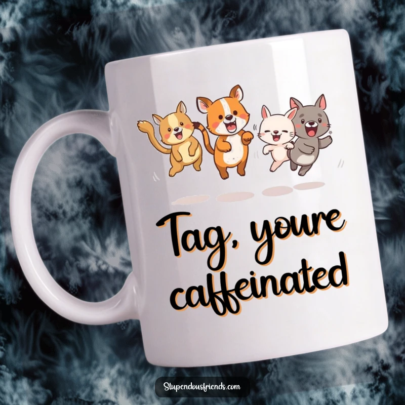 Funny mug depicting lively animals in mid-air, energetically playing a game of tag with joyful expressions.