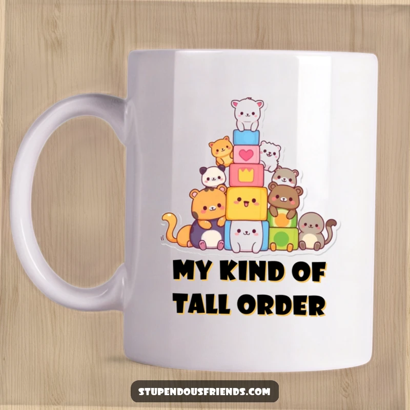 Funny mug with cute animals building a tall tower of colorful blocks, showcasing teamwork. Great funny gift.