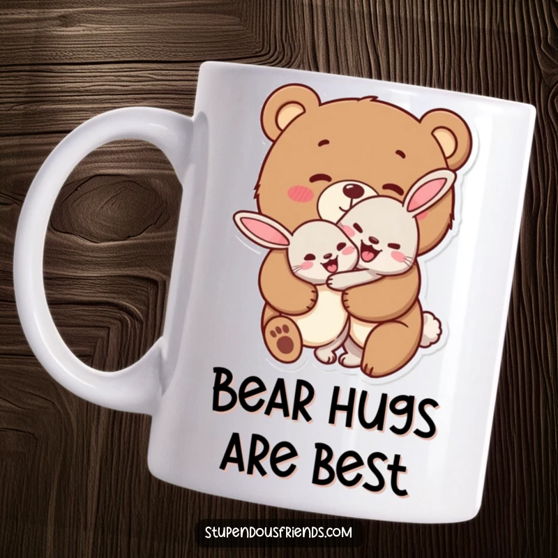 Funny bear character mug, giving a cheerful hug to a rabbit, conveying kindness, friendship, and gentle affection.