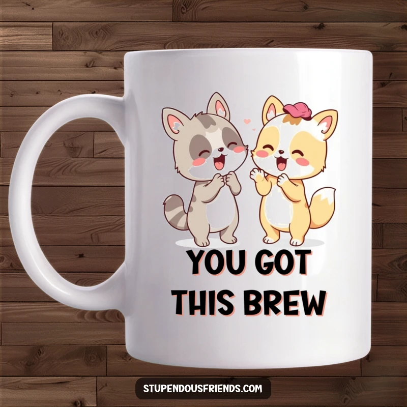 Funny mug showcasing a cute animal enthusiastically cheering for another, embodying unwavering support and friendship with a smile.