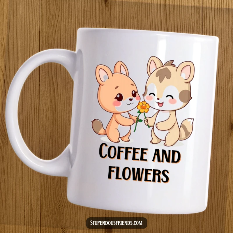 Funny mug depicting one smiling animal character offering a beautiful flower to another friendly animal character.