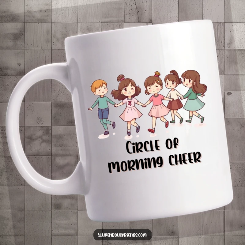 Funny mug showing a group of friends holding hands and happily skipping in a circle, radiating pure friendship and joy.