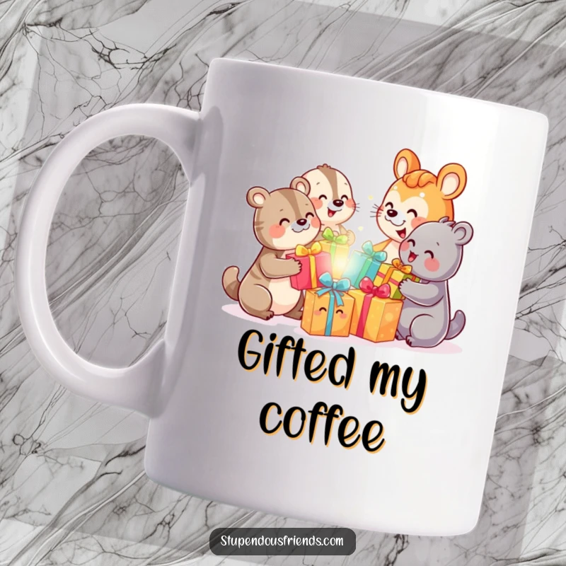 Funny ceramic mug showcasing cute animal characters happily exchanging colorful gifts with wide, joyful smiles.