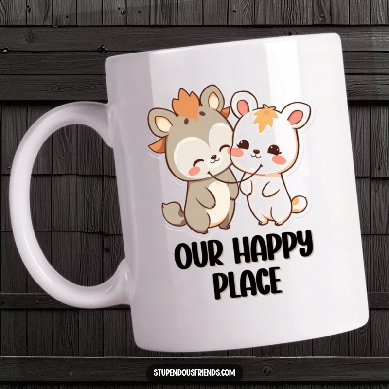 Funny animal characters mug, two friends sharing a giant, happy smiley face, conveying friendship and pure joy.