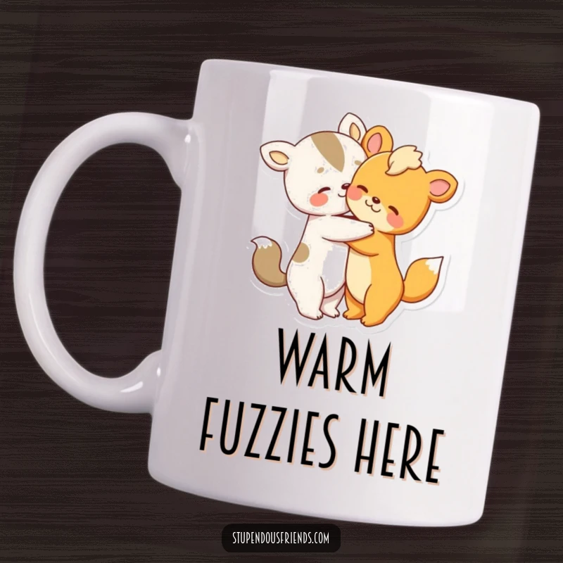 Funny mug showing two cute animal characters locked in a tender, warm embrace, sharing a loving hug.