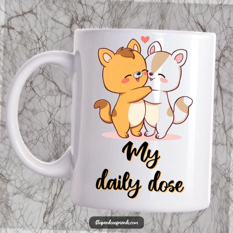 Funny mug illustrating two cute animals sharing a sweet, heartfelt hug, conveying warmth. A loving funny gift.