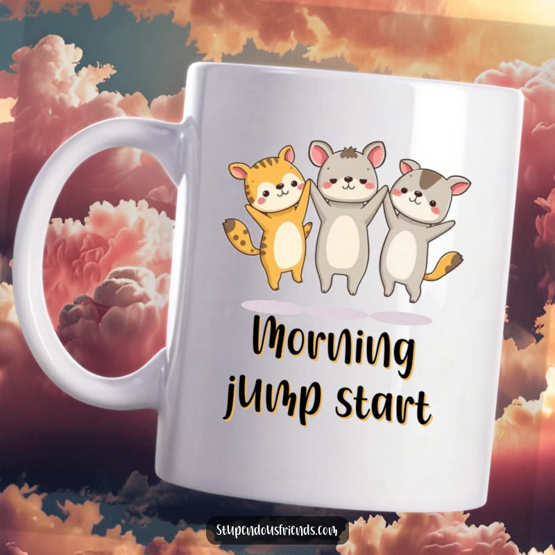 Funny mug showing a circle of happy animal characters holding hands and jumping with pure delight and energy.