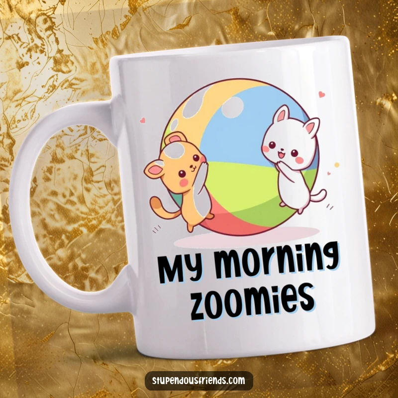 Funny Kawaii animal characters playfully chasing each other around a giant, colorful ball, depicted on a ceramic mug, perfect for gifting.