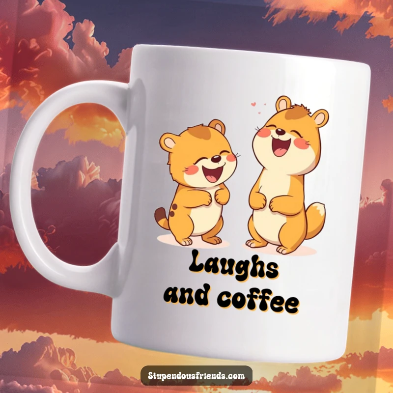Funny mug showing two animals in stitches, laughing uncontrollably at a shared joke, radiating pure, infectious humor.