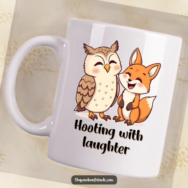 Funny mug depicting a wise owl and a cunning fox sharing a hearty laugh together. A charming woodland scene.