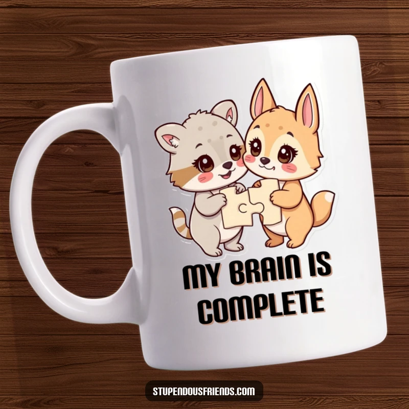 Funny mug with animals looking accomplished, eyes sparkling after successfully completing a jigsaw puzzle together.