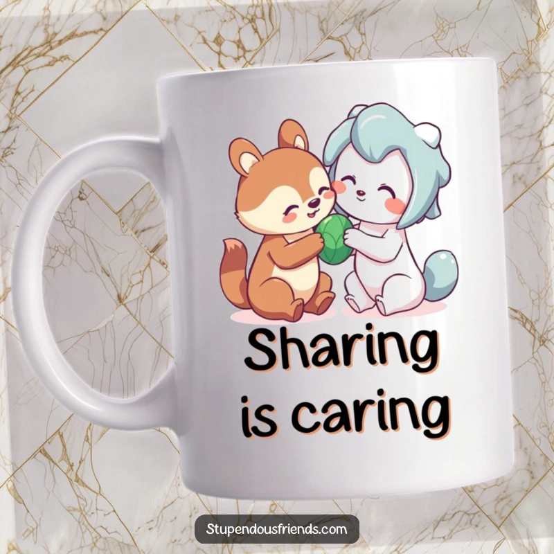 Funny sharing animal mug showing one cute creature playfully offering a toy to a friend, demonstrating generosity.