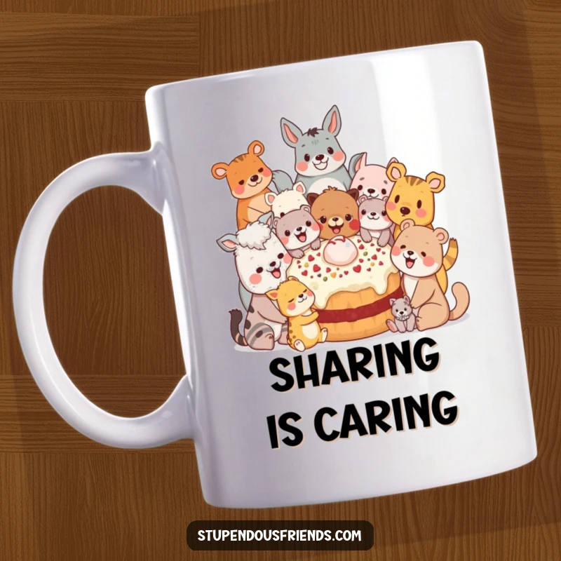 Funny Mug: A diverse group of animal characters happily gathered around and sharing a giant, delectable treat.