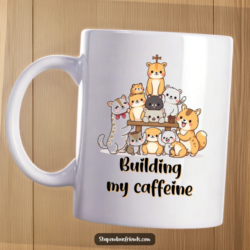 Funny Mug showing animal characters joyfully building a structure, symbolizing teamwork and shared effort with a humorous illustration.