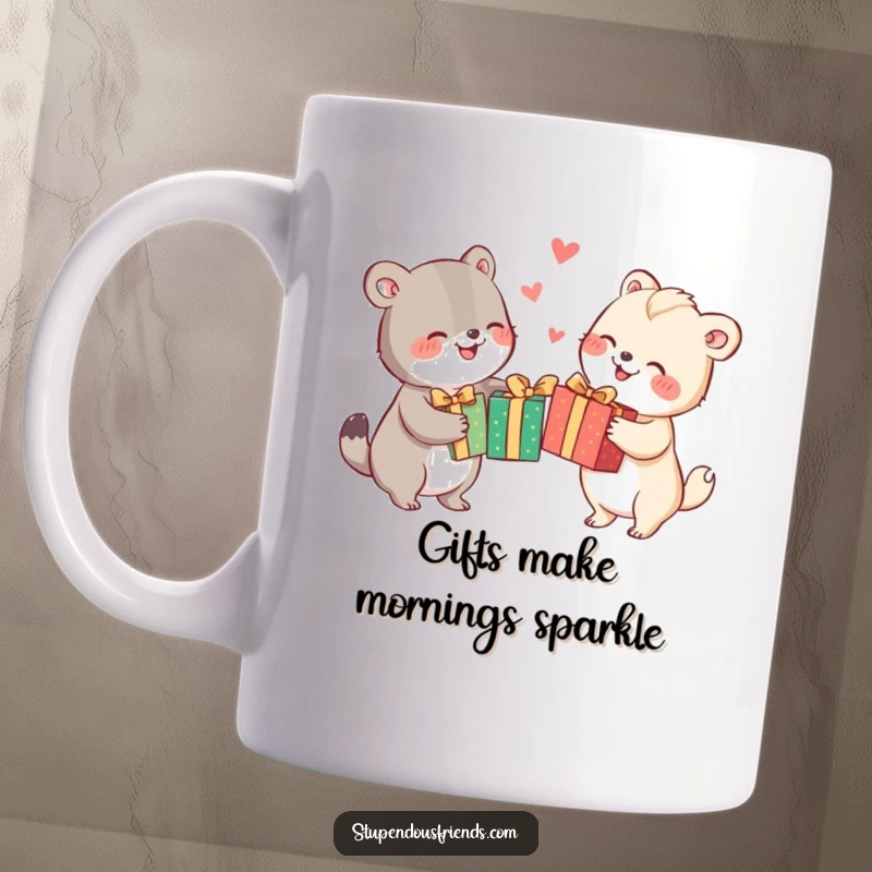 Funny animal characters exchanging brightly wrapped gifts with joyous expressions, capturing the fun of a gift exchange on this mug.