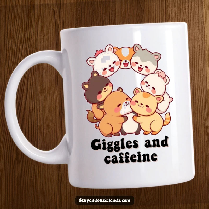 Funny Kawaii animals forming a circle with heads together, depicted in shared laughter on a ceramic mug, a symbol of friendship, a funny gift.