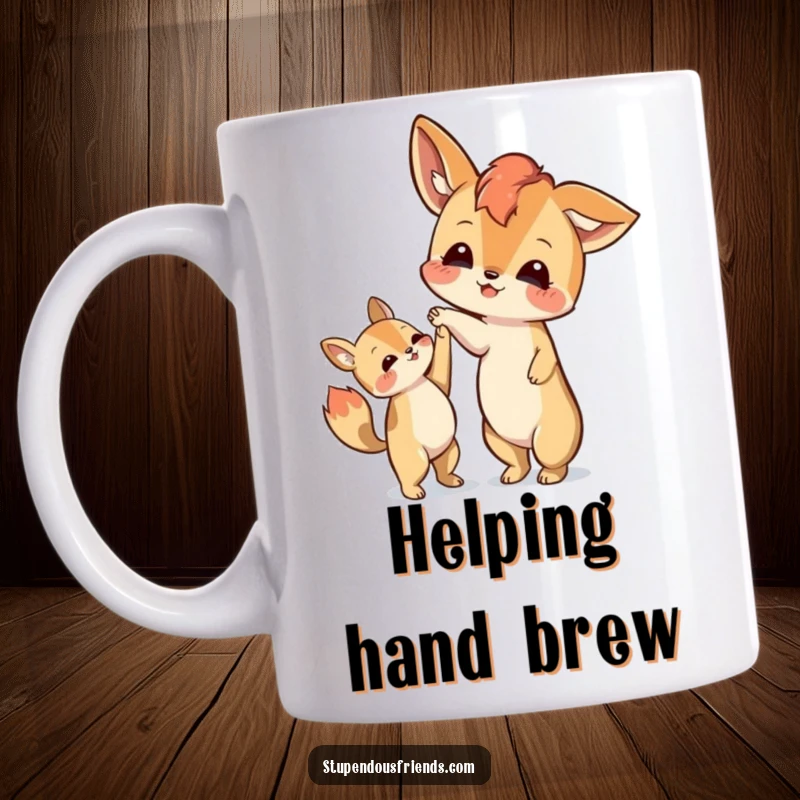 Funny mug depicting one animal character kindly extending a paw to help another character rise to their feet.