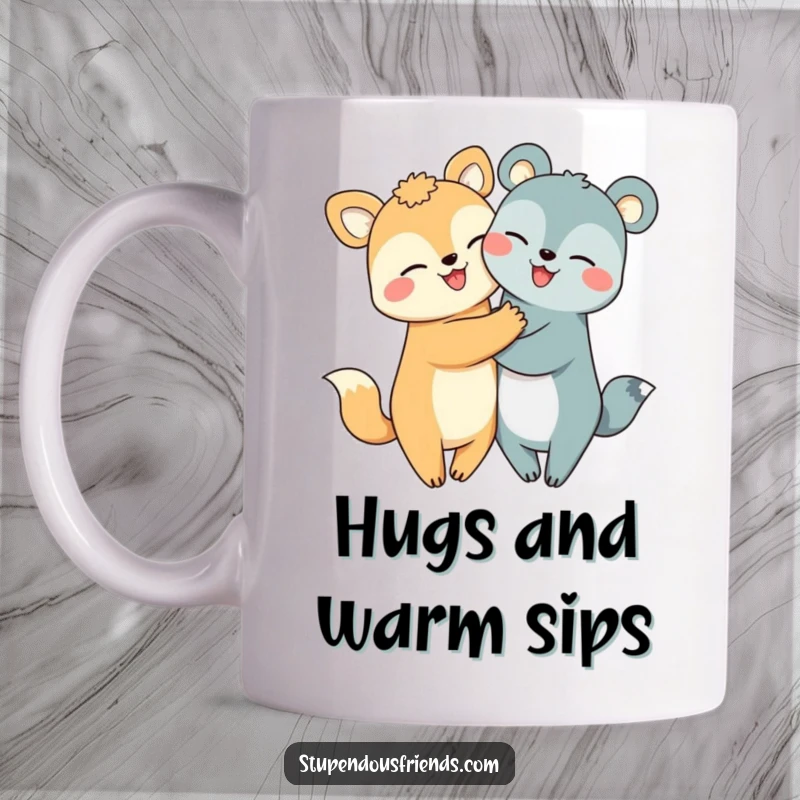 Funny hugging animals mug showing two cute creatures embracing tightly with huge, happy smiles, radiating pure joy.