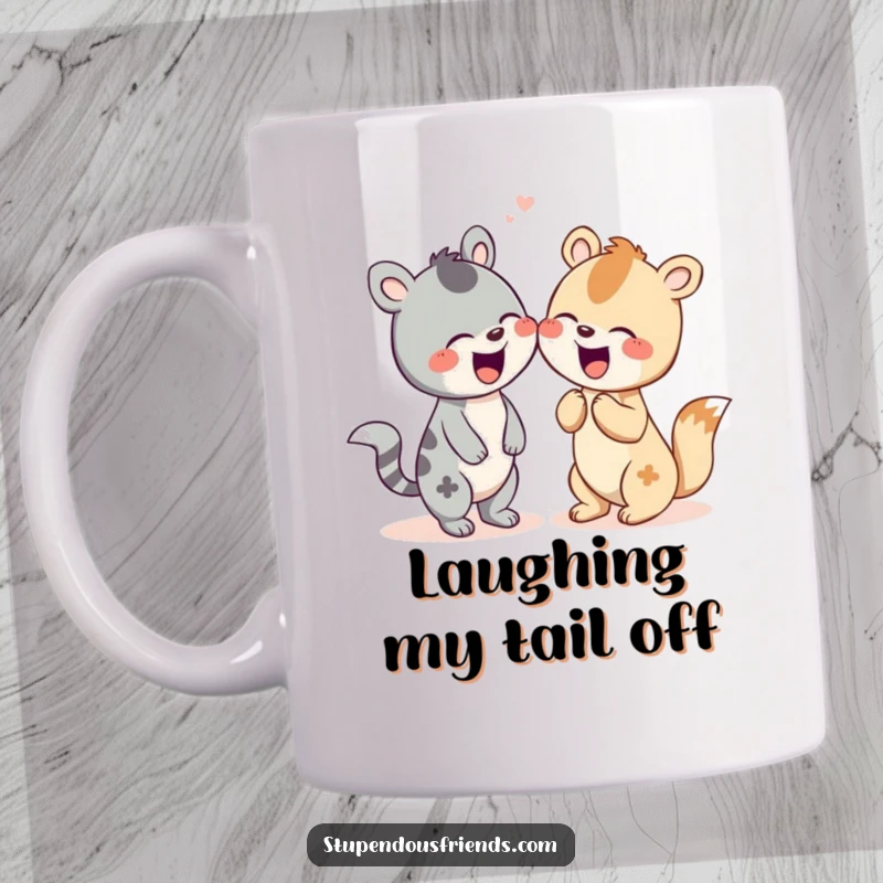 Funny mug showing two cheerful animal characters caught mid-giggle, sharing a moment of pure amusement.