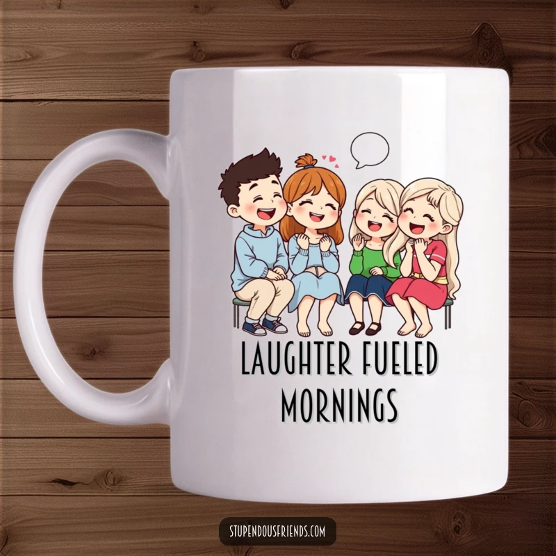 Funny mug depicting a group of friends in stitches, laughing heartily together while sharing jokes and good times.