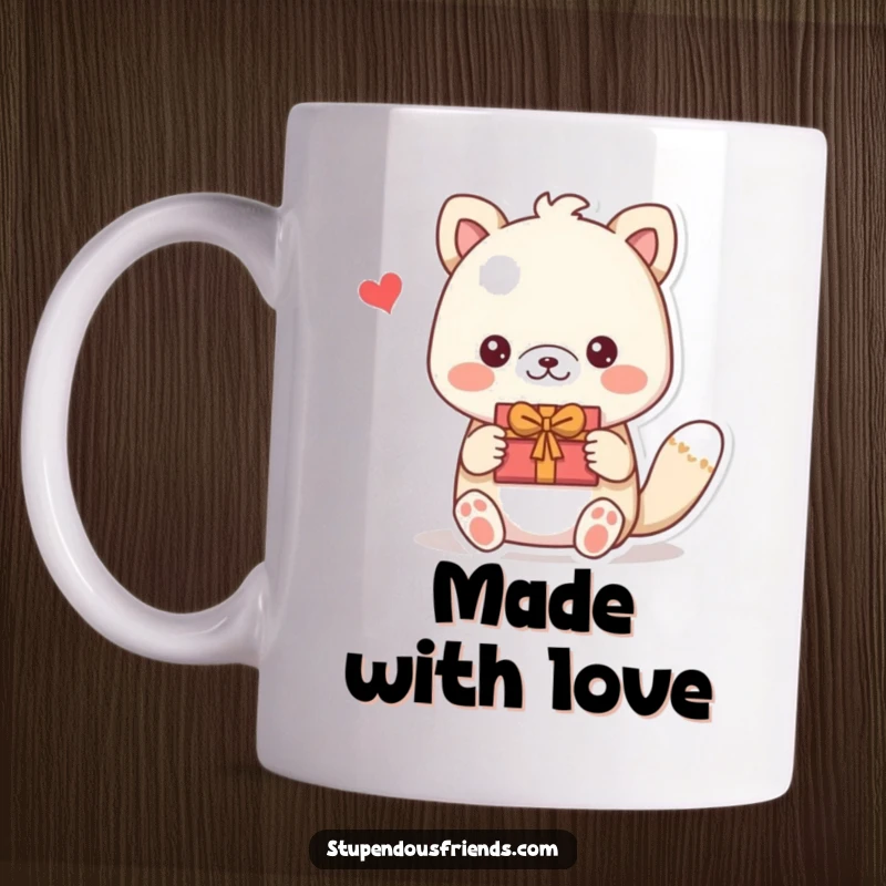 Funny mug showing an animal presenting a carefully crafted handmade gift to a happy friend. A thoughtful funny gift.