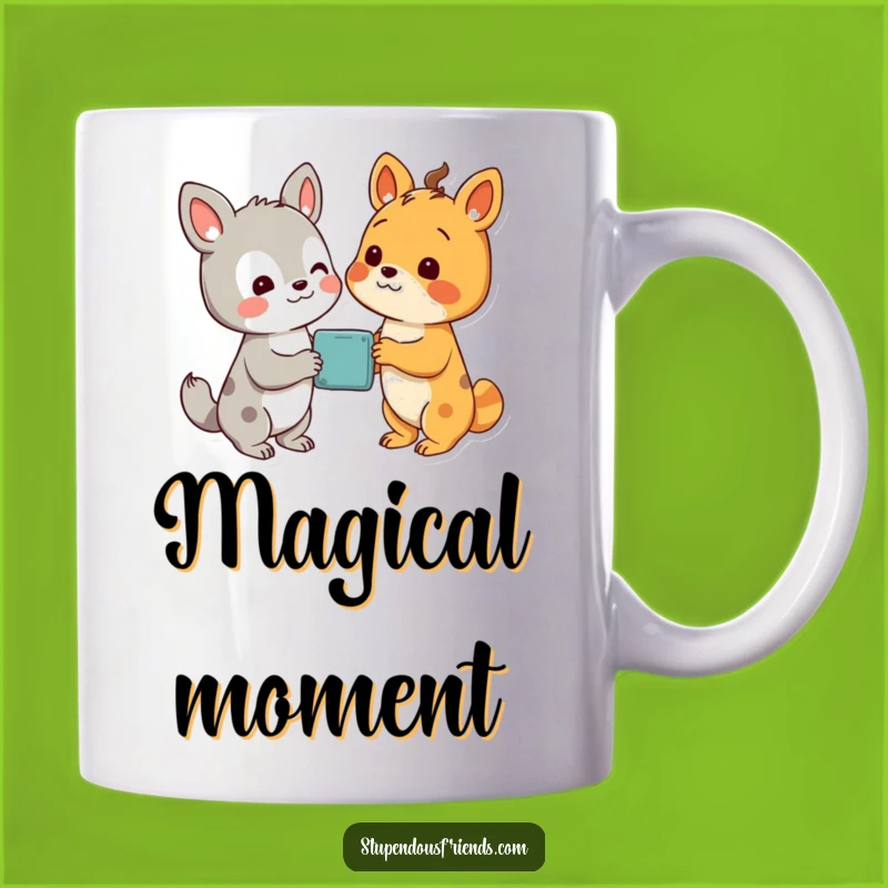 Share the wonder with this funny mug featuring two friends discovering something amazing. A delightful and funny gift for the curious.