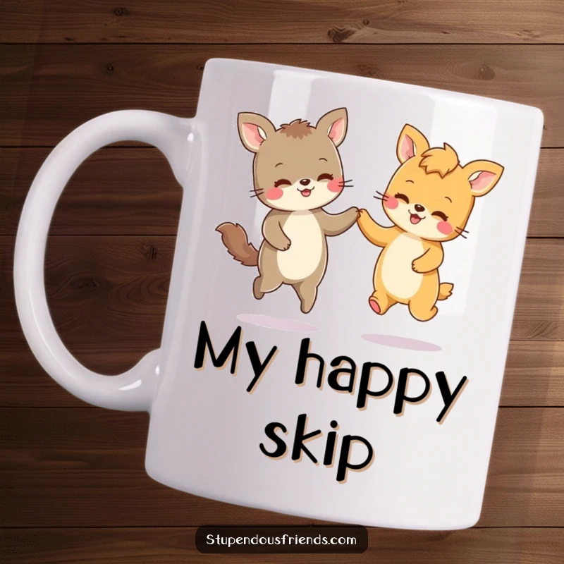 Funny ceramic mug showing two cheerful animal friends joyfully skipping side-by-side, holding paws in a moment of pure, happy unison.