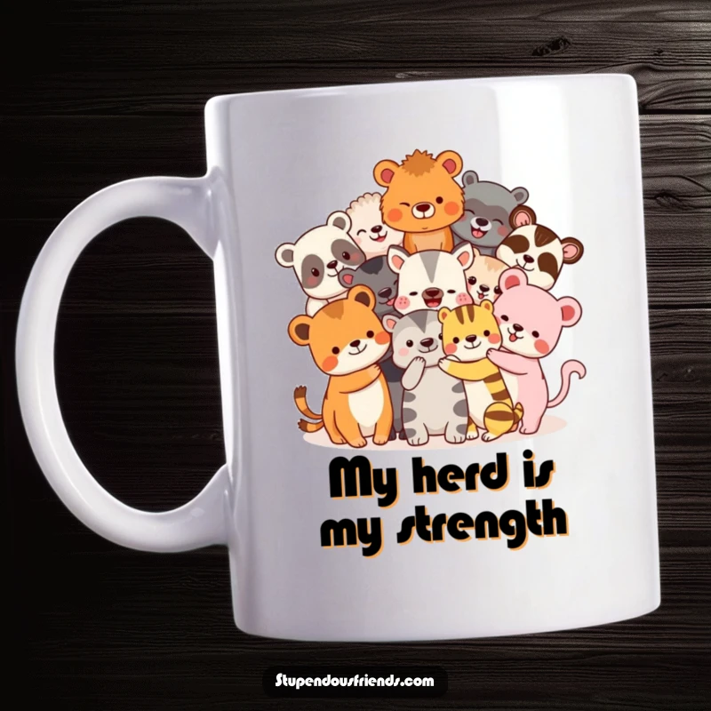 Funny Mug: Adorable diverse animal friends in a giant, loving hug. This heartwarming and funny design celebrates friendship and joy.
