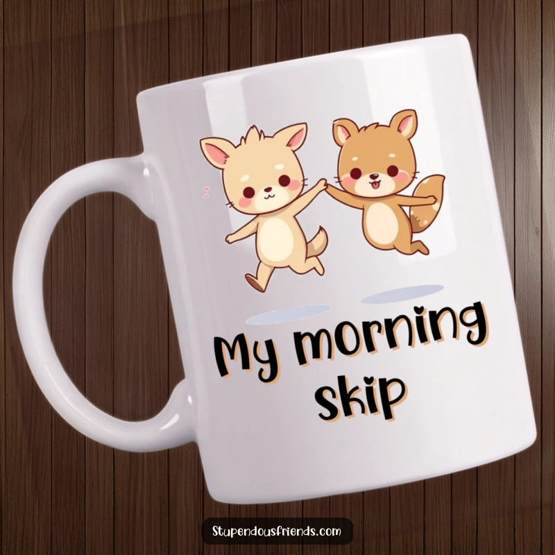 Funny mug with two cute cartoon animals joyfully skipping together, holding hands, showcasing friendship and lighthearted fun for all.