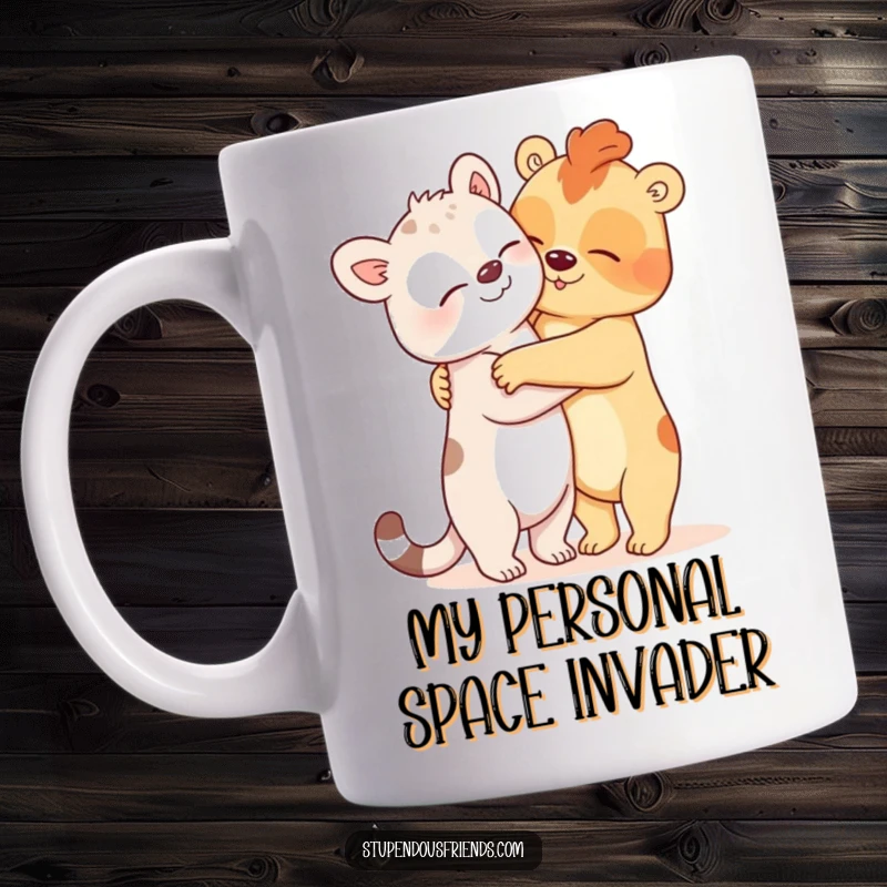 Funny Mug showing two adorable animals locked in a comically oversized, heartwarming hug, spreading pure joy and silliness.