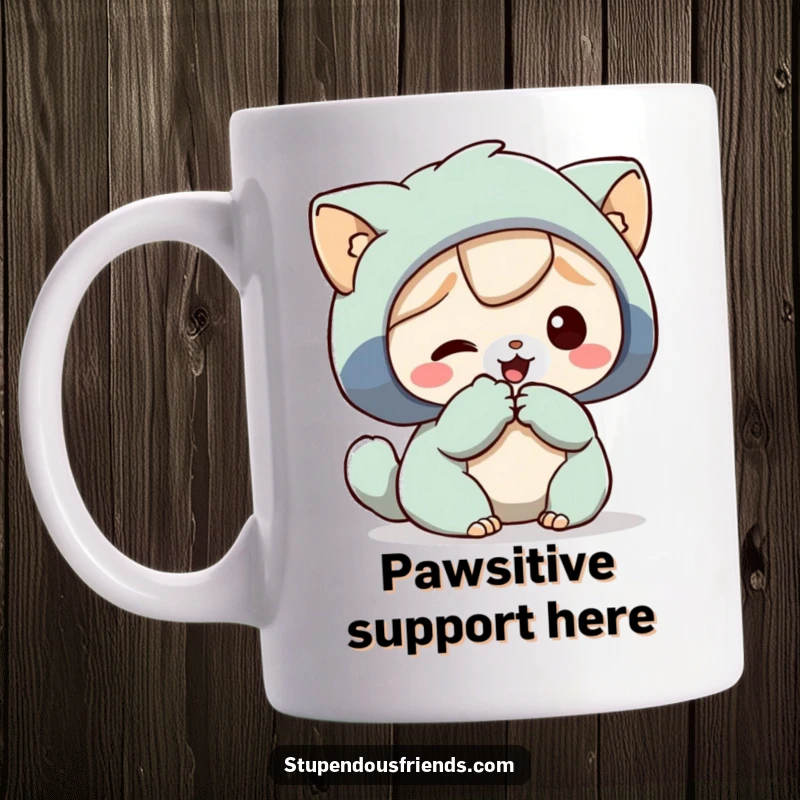 Funny Mug showing one character extending a paw to help another character, symbolizing friendship and support.