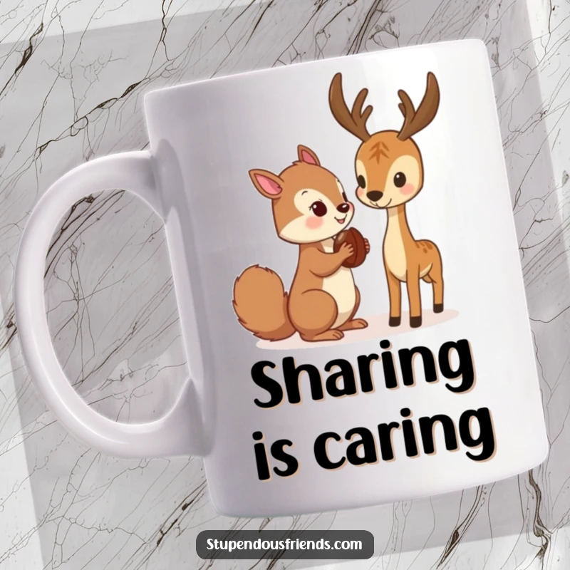 Funny Mug showing a cheerful squirrel character offering a tasty nut to a gentle deer character in a forest setting.