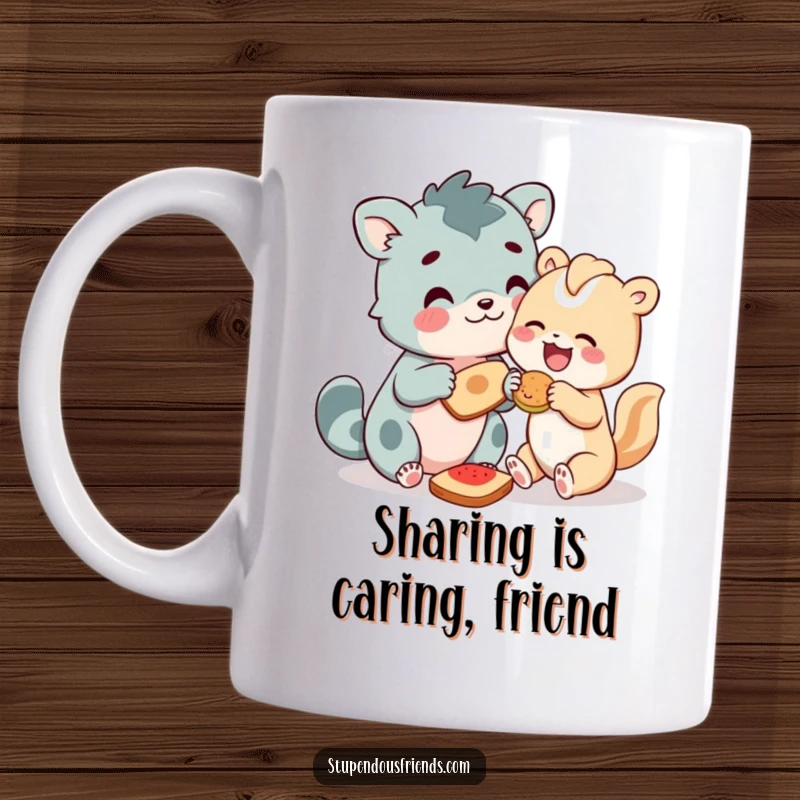Funny Mug showing two animal characters joyfully sharing food, highlighting friendship and generosity with a humorous illustration.
