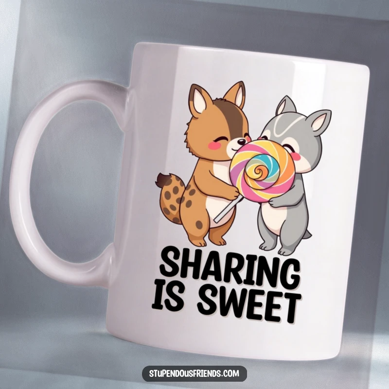 Funny mug featuring two cute animal characters joyfully sharing a gigantic, vibrant lollipop, symbolizing friendship and sweet moments.