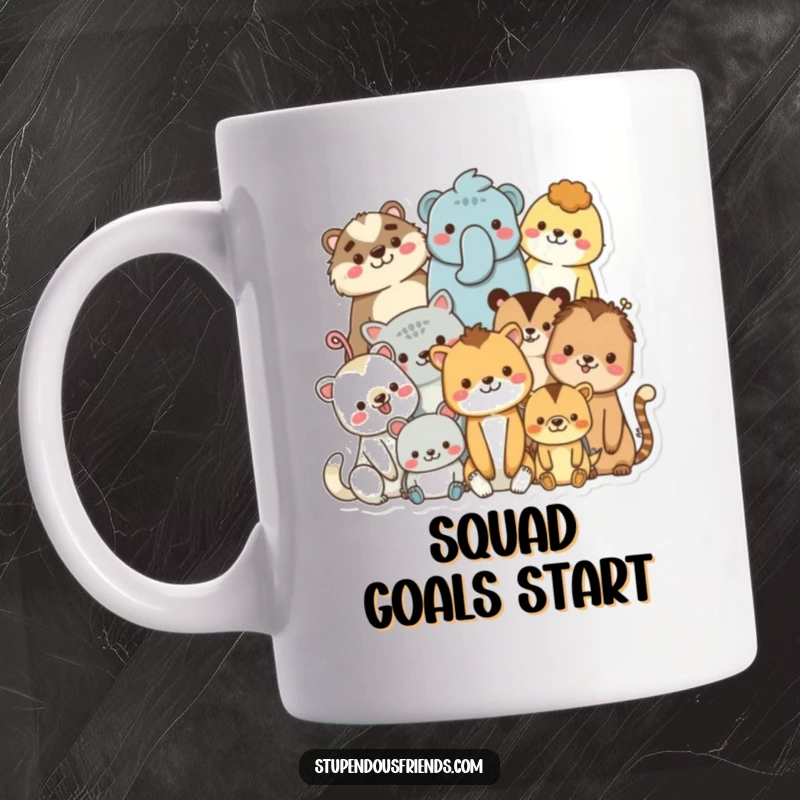 Funny mug with a diverse group of smiling animal characters huddled closely together, radiating warmth and friendship.