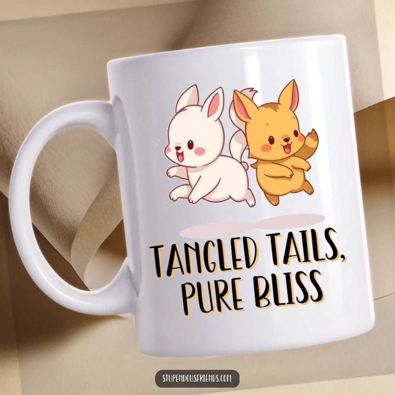 Funny mug showcasing adorable animals playfully running with their tails delightfully intertwined in a chaotic, joyful mess.