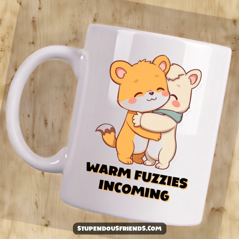 Funny mug showing an animal character giving a warm, comforting hug to another character, symbolizing love and support.