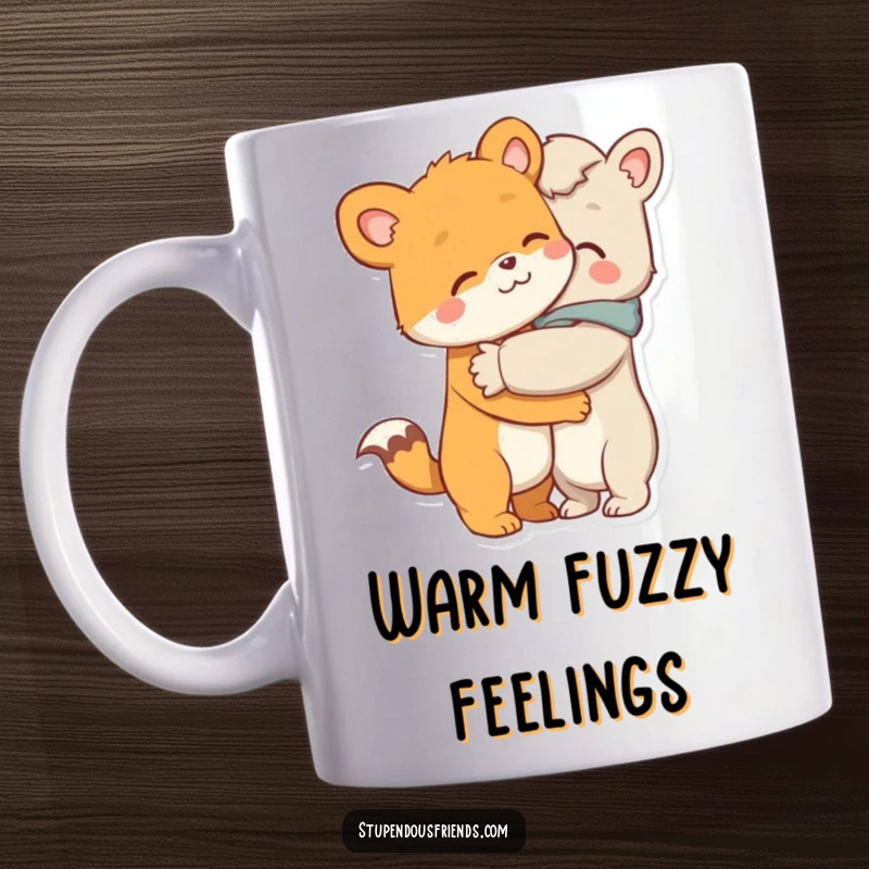 Funny mug, two cute cartoon animal characters sharing a warm, comforting hug, expressing love and friendship, perfect for spreading joy.