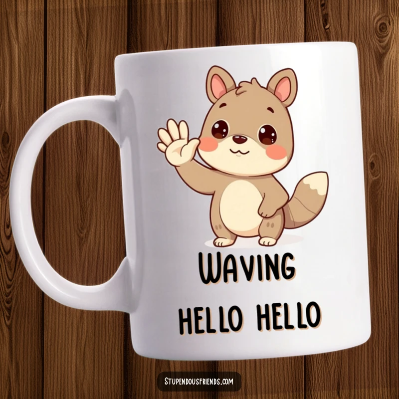 Funny waving animal mug showing one cute creature extending a friendly wave to another, initiating a warm greeting.