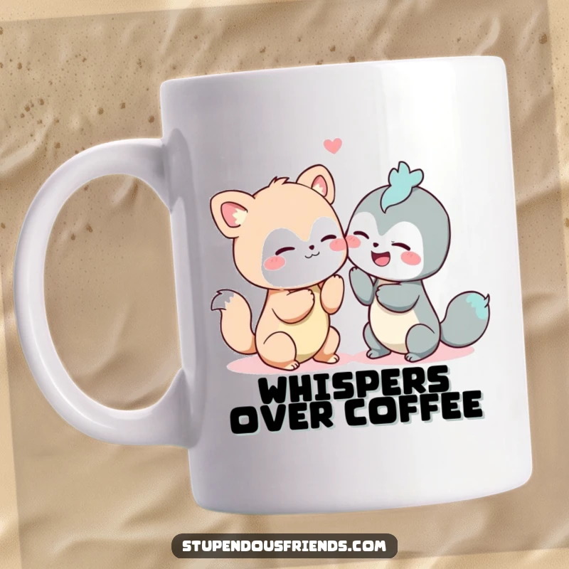 Funny mug showing two adorable animals leaning in, whispering a secret and giggling with delight.
