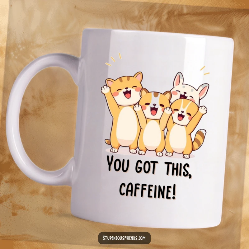 Funny mug with energetic animals raising paws and gesturing wildly in excited celebration and encouragement.