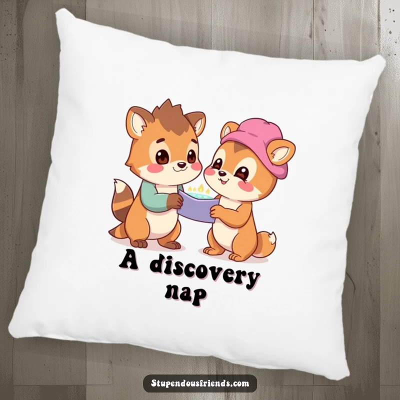 Funny Pillow with two animals engrossed in a shared, wondrous discovery, exuding happiness and a sense of magical moment.