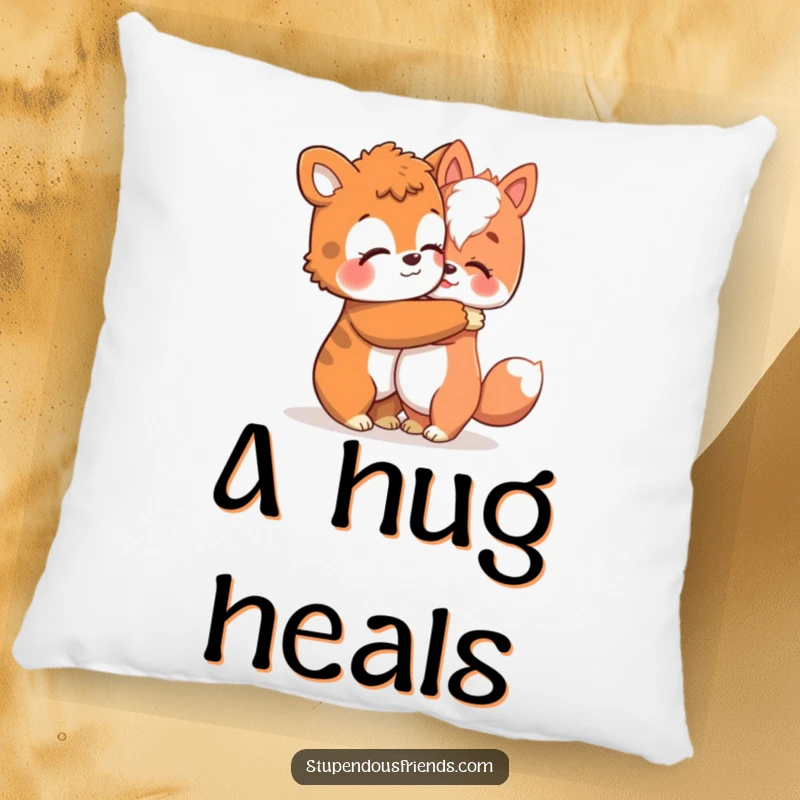 Funny pillow showing a caring animal character giving a heartfelt hug, symbolizing comfort, love, and emotional support.