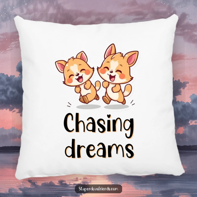 Funny throw pillow with two playful animals engaged in a chase, providing comfort and a touch of fun.