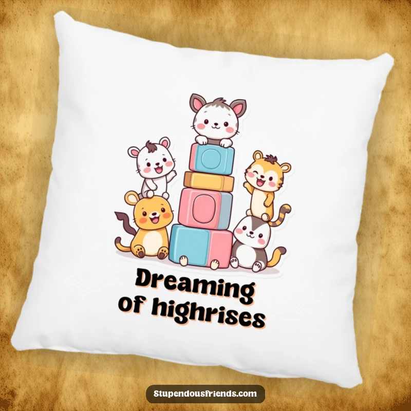 Funny pillow with a cute design of animals smiling and building a precarious tower of colorful blocks.