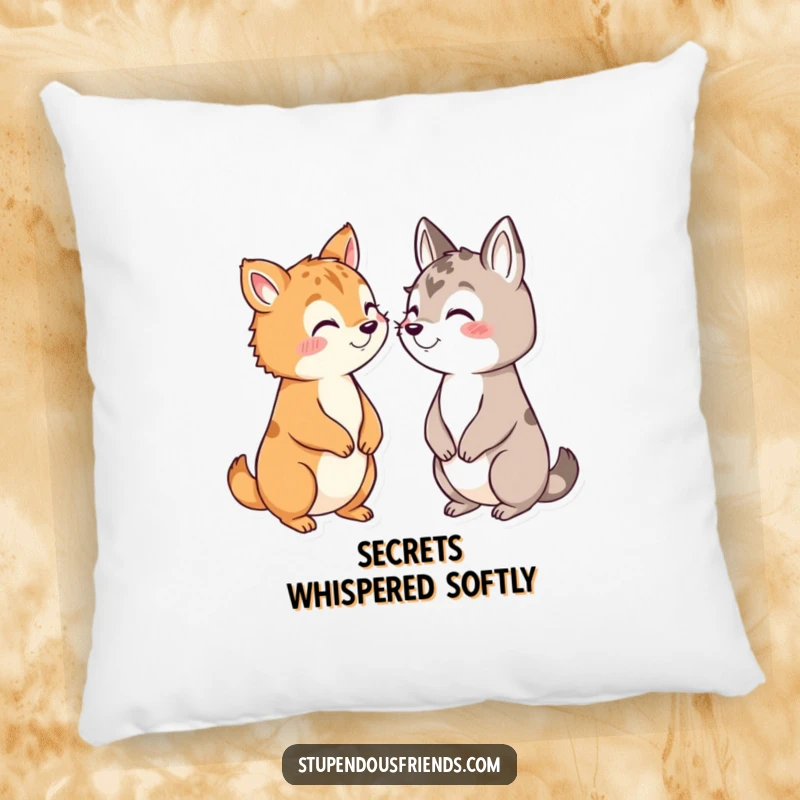 Funny pillow with a cute design of animals whispering secrets to each other with sly, conspiratorial grins.