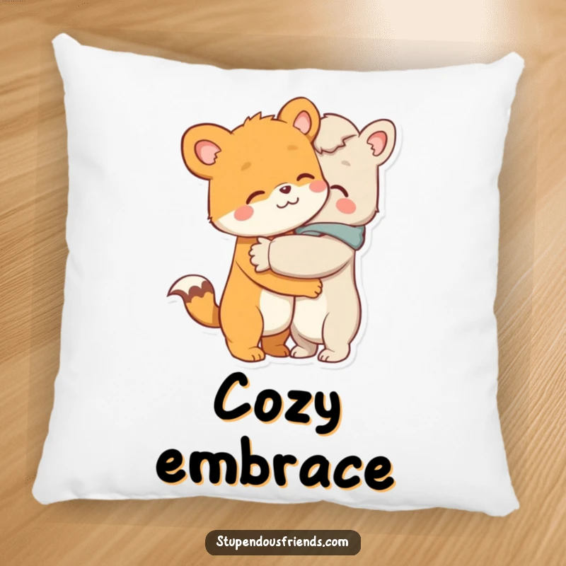 Funny pillow, two cute animal characters in a tender, comforting hug, conveying love, support, and the feeling of being truly cherished.
