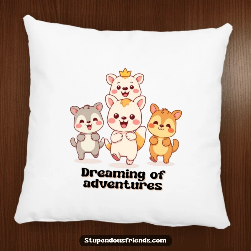 Funny Kawaii animal leading friends on an adventure on a soft decorative pillow, a humorous and inspiring gift for explorers.