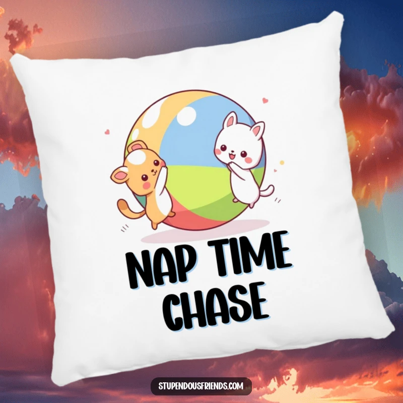 Funny Kawaii animal characters playfully chasing around a big ball, featured on a soft decorative pillow, an amusing and cozy gift.