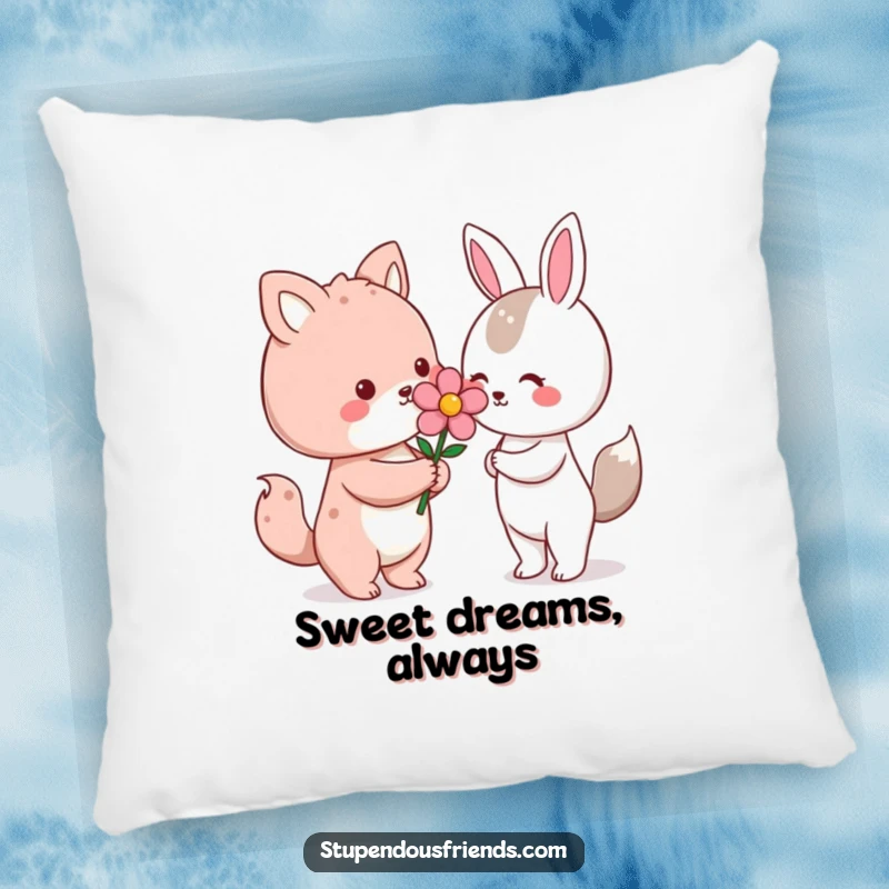 Funny Kawaii animal character giving a flower on a soft decorative pillow, a humorous and cozy item for gifting, spreading warmth.